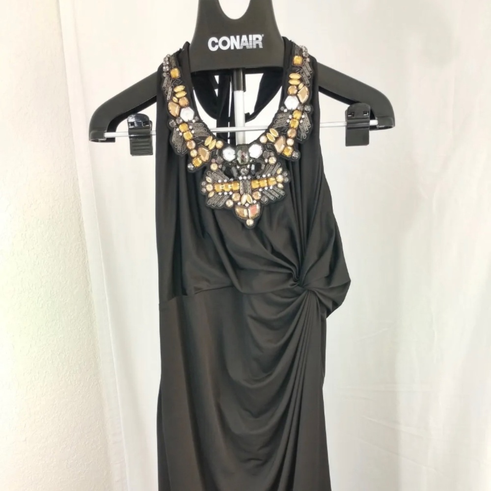 Adrianna Papell Collection Little Black Cocktail Halter Dress gold necklace 10